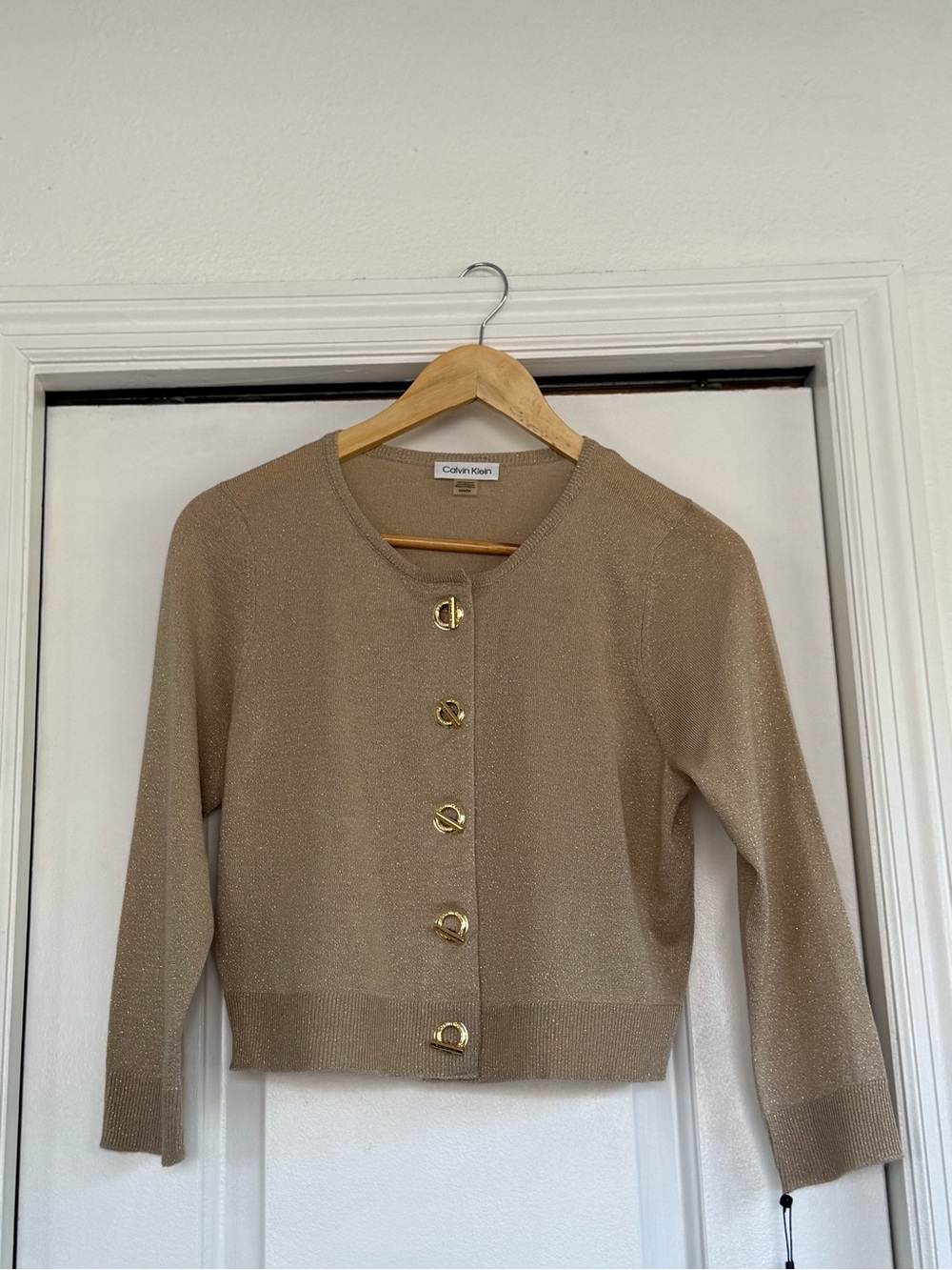 Calvin Klein Shimmery Tan Cropped Crewneck Cardigan with Gold Buttons